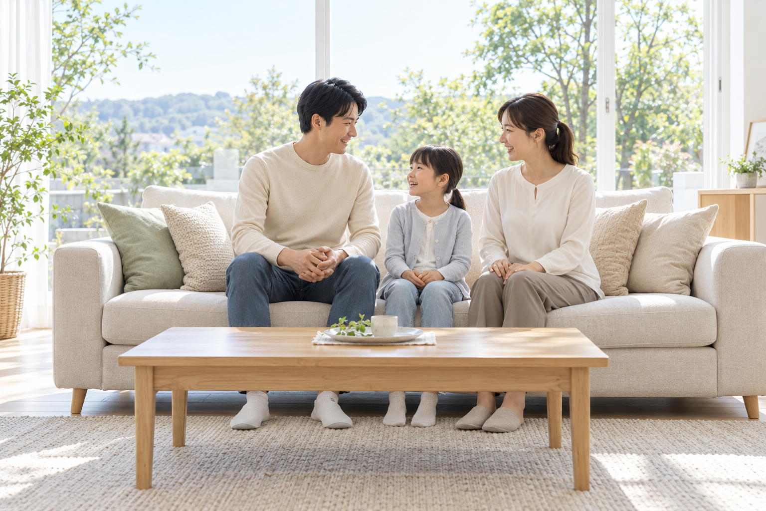 家族が過ごす明るいリビングのイメージ